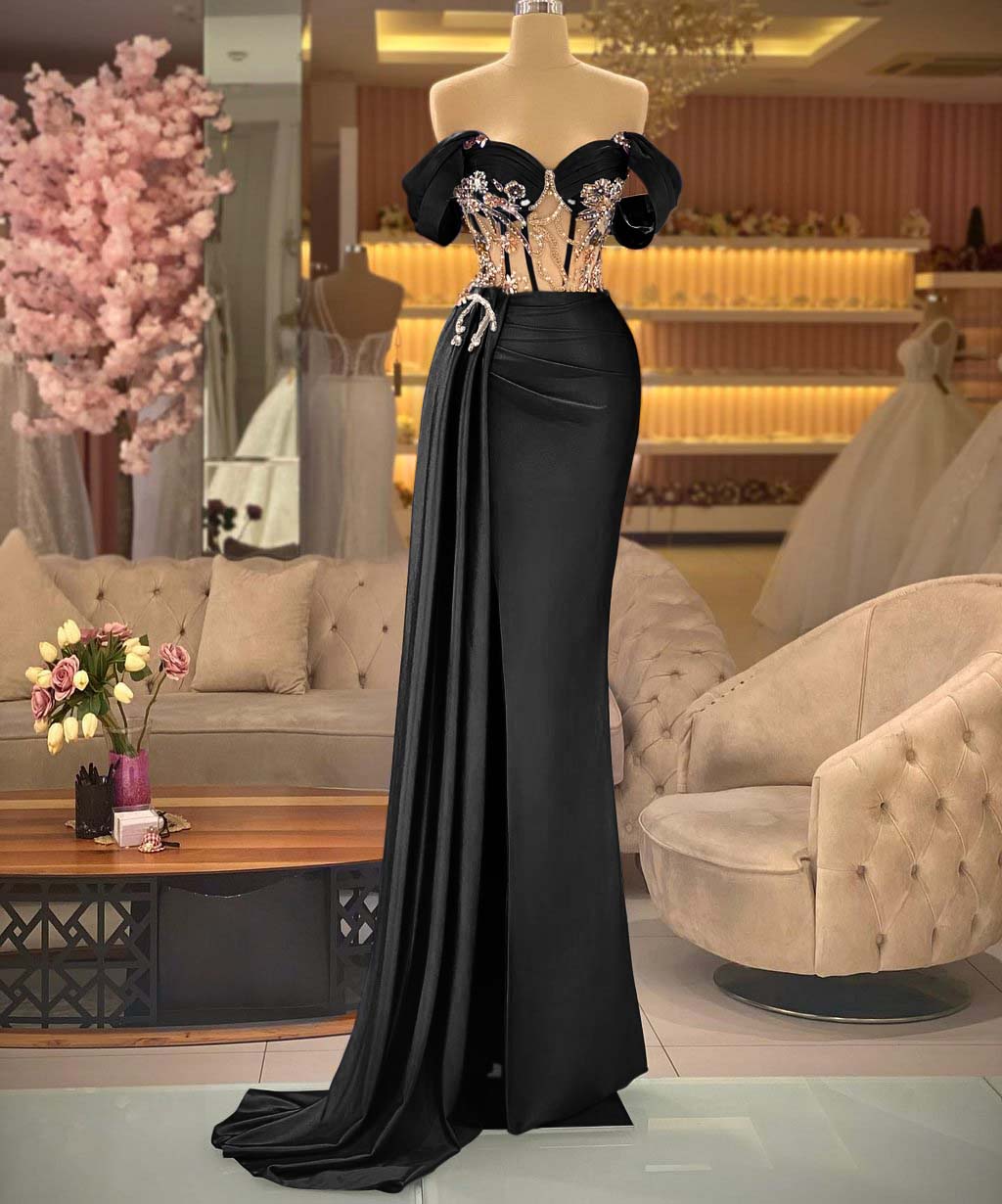 Elegant Off the Shoulder Royal Blue Beaded Sleeveless Prom Dress With Split