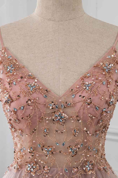 BMbridal Elegant Tulle Spaghetti Straps Appliques Prom Dresses with Front Slit Online