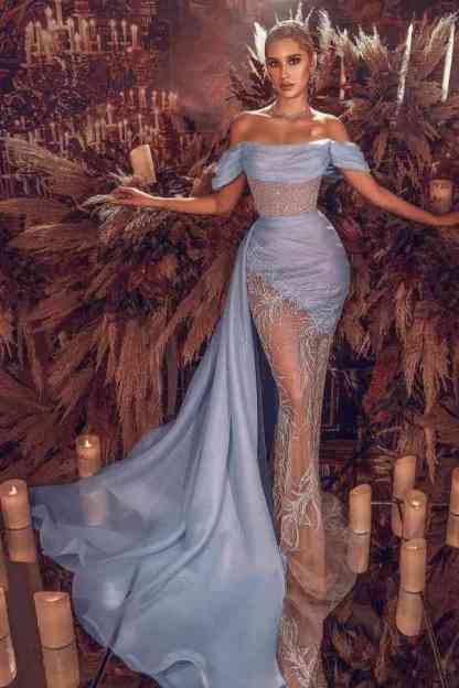 Sky Blue Off-the-Shoulder Prom Dress Mermaid Long With Beads