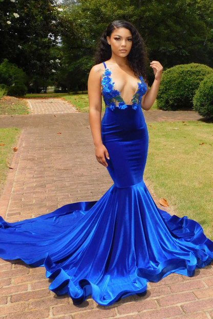 Bmbridal Royal Blue Prom Dress V-Neck Mermaid Velvet With Appliques