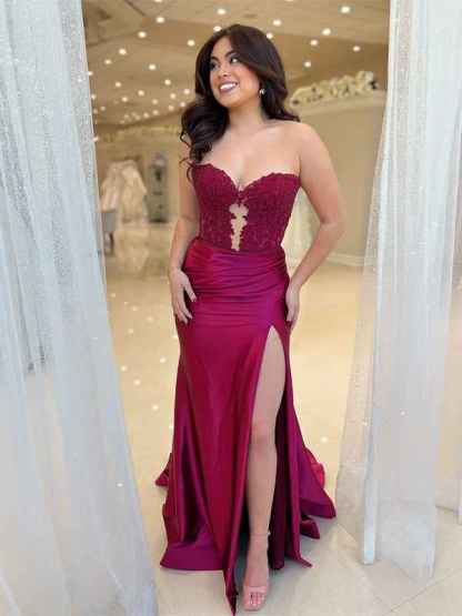 Burgundy Mermaid Sweetheart Applique Ruched Prom Dress with Slit