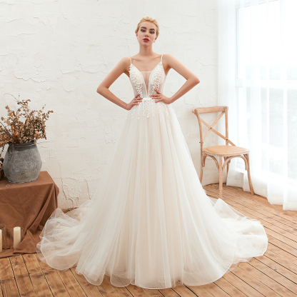 BMbridal Chic Spaghetti Straps V-Neck Ivory Tulle Wedding Dresses with Appliques