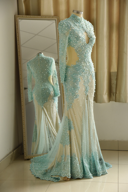 BMbridal Gorgeou High-Neck Lace Appliques Prom Dresses Long Sleeves Front Slit Evening Gowns with Pearls-BMbridal