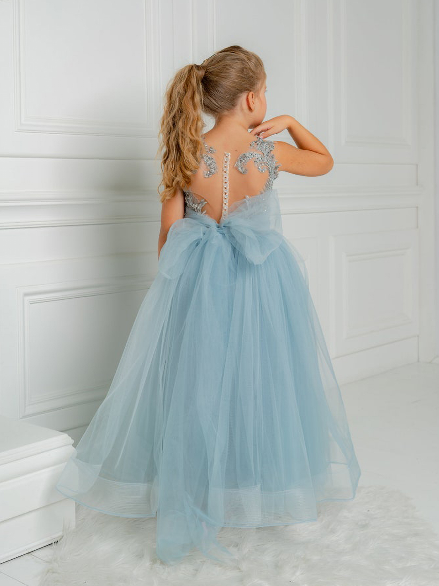 Cute Blue Sleeveless Ball Gown Flower Girls Dress With Beads-BMbridal