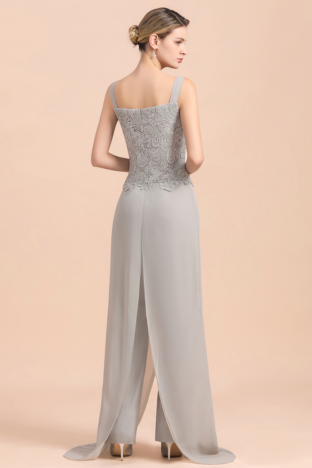 BMbridal Elegant Silver Lace Top Chiffon Mother of Bride Jumpsuit Online with Wrap-BMbridal