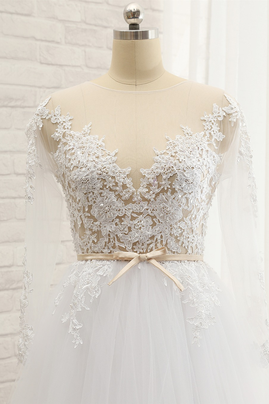 BMbridal Affordable White Tulle Ruffles Lace Wedding Dresses Jewel Longsleeves Bridal Gowns With Appliques On Sale-BMbridal