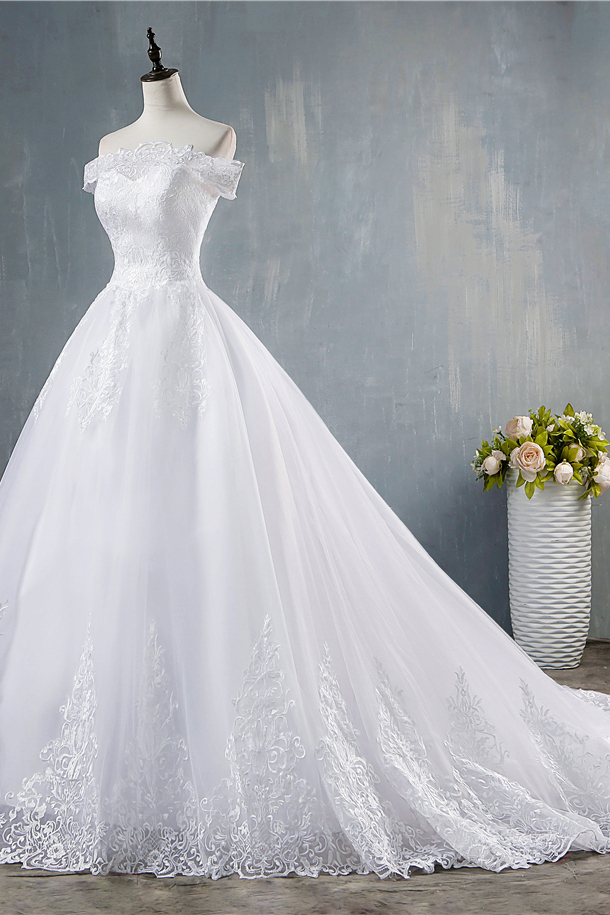 BMbridal Gorgeous Off-the-Shoulder White Tulle Wedding Dress Lace Appliques Bridal Gowns On Sale