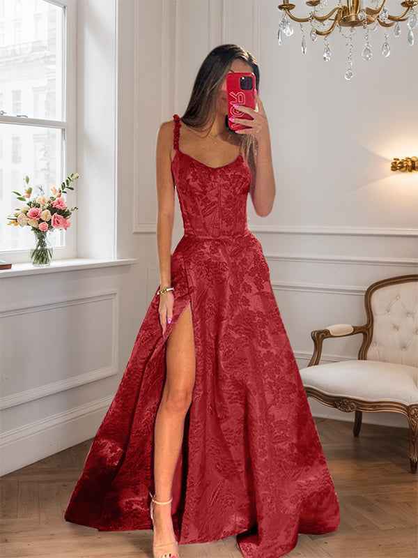 Hot Pink A Line Floral Long Prom Dress with High Slit