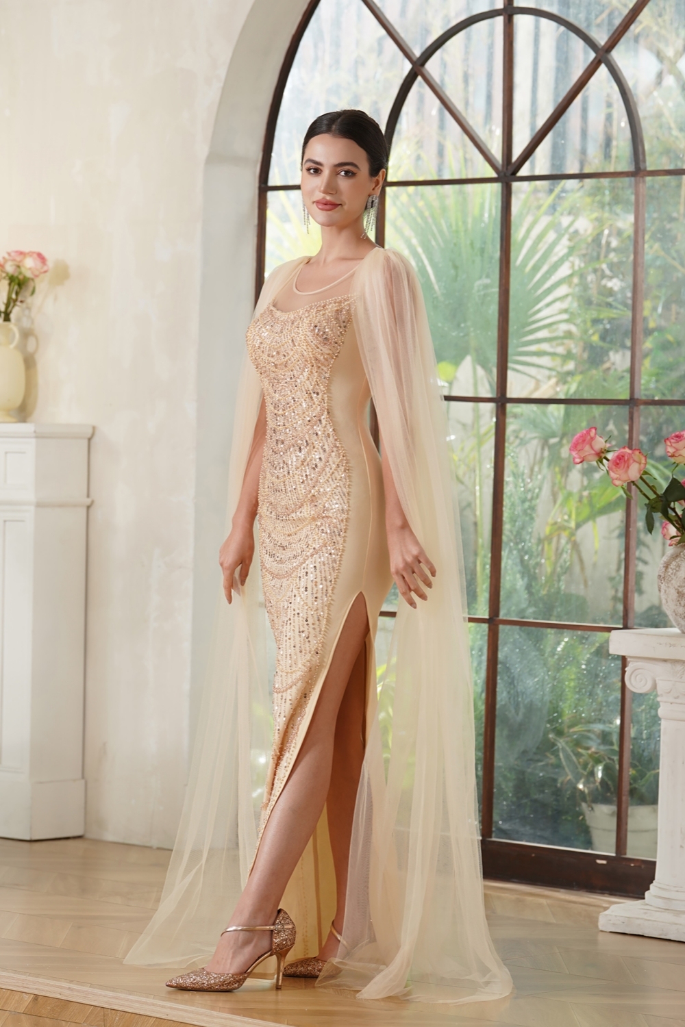 Designer Mermaid Polyester Knitted Scoop Sleeveless Champagne Gold Prom Dresses With Beading Split