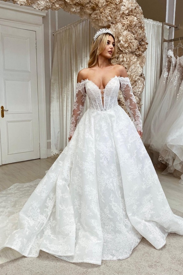 Bmbridal Long Sleeves Off-the-Shoulder Wedding Dress Lace Princess-BMbridal