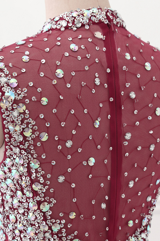 BMbridal Luxury High-Neck Burgundy Mermaid Prom Dresses Sleeveless with White Rhinestones