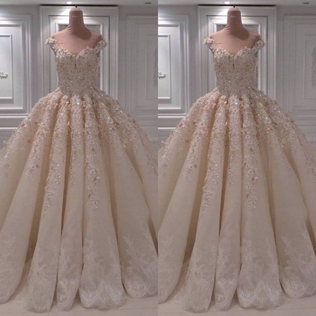 BMbridal Elegant Chamgne Off-the-shoulder A-line Wedding Dresses Sequins Lace Bridal Gowns With Appliques Online-BMbridal