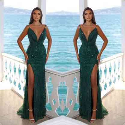 Bmbridal Dark green Sleeveless Prom Dress Mermaid Slit With Sequins Beads