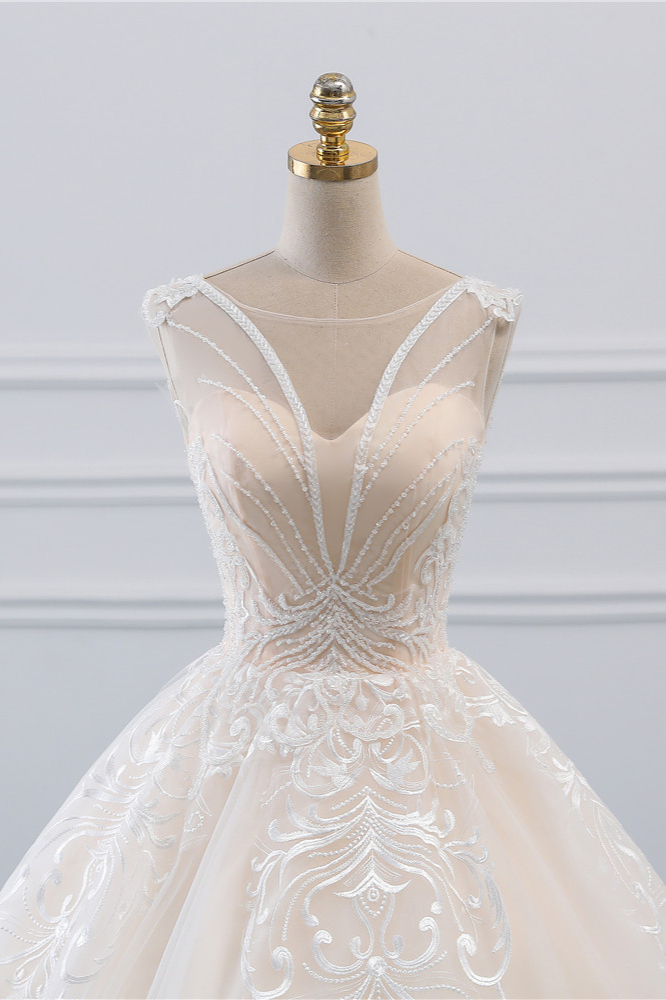 BMbridal Glamorous Sleeveless Jewel Pink Wedding Dresses Tulle Ruffles Bridal Gowns With Appliques Online-BMbridal