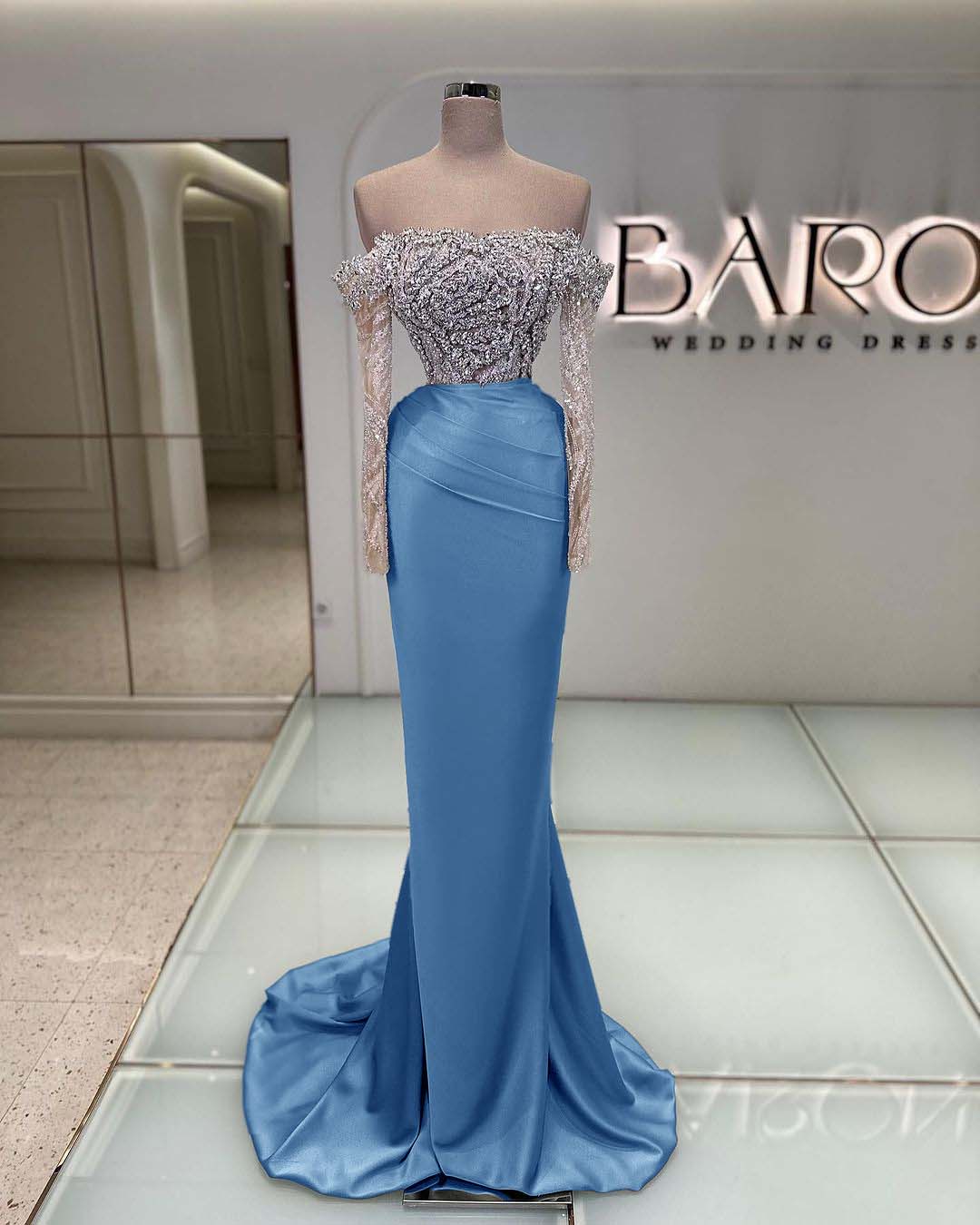 Off the Shoulder Long Sleeves  Long Mermaid Prom Dress With Beading