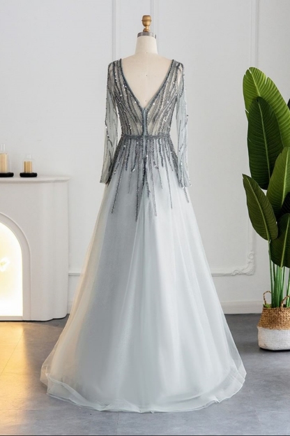 Bmbridal Champagne A-Line Long Sleeves V-Neck Prom Dresses with Appliques