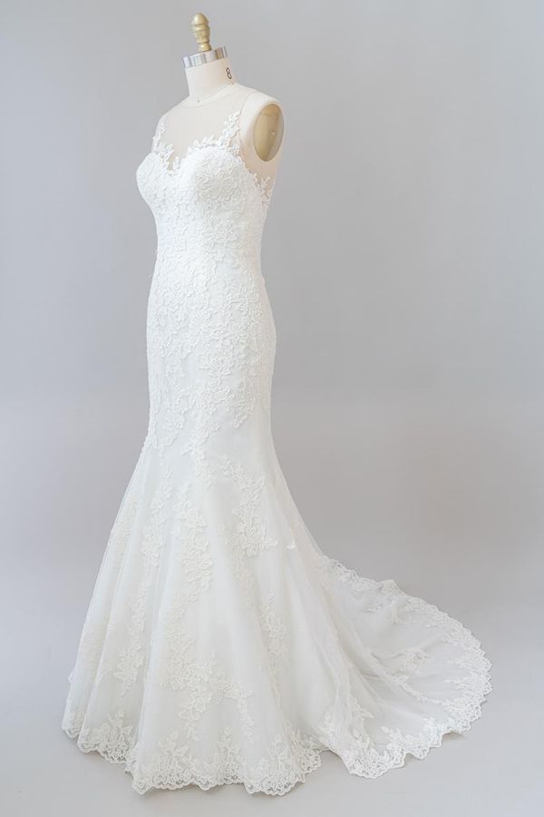 BMbridal Graceful Illusion Appliques Mermaid Wedding Dress On Sale-BMbridal