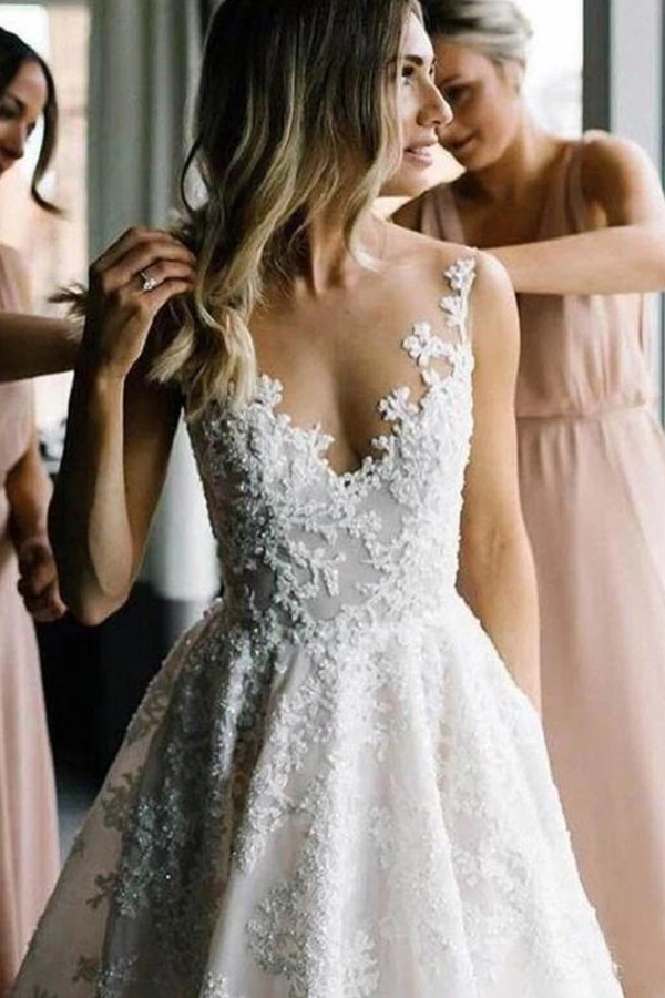 BMbridal Sleeveless Long Wedding Dress With Lace Appliques-BMbridal