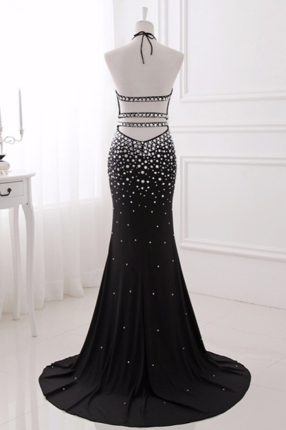 BMbridal Luxury Chiffon Halter Sleeveless Beadings Prom Dresses with Front Slit Online