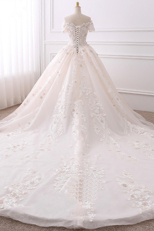 BMbridal Ball Gown V-Neck Tulle Beadings Wedding Dress Lace Appliques Short Sleeves Bridal Gowns with Flowers On Sale-BMbridal