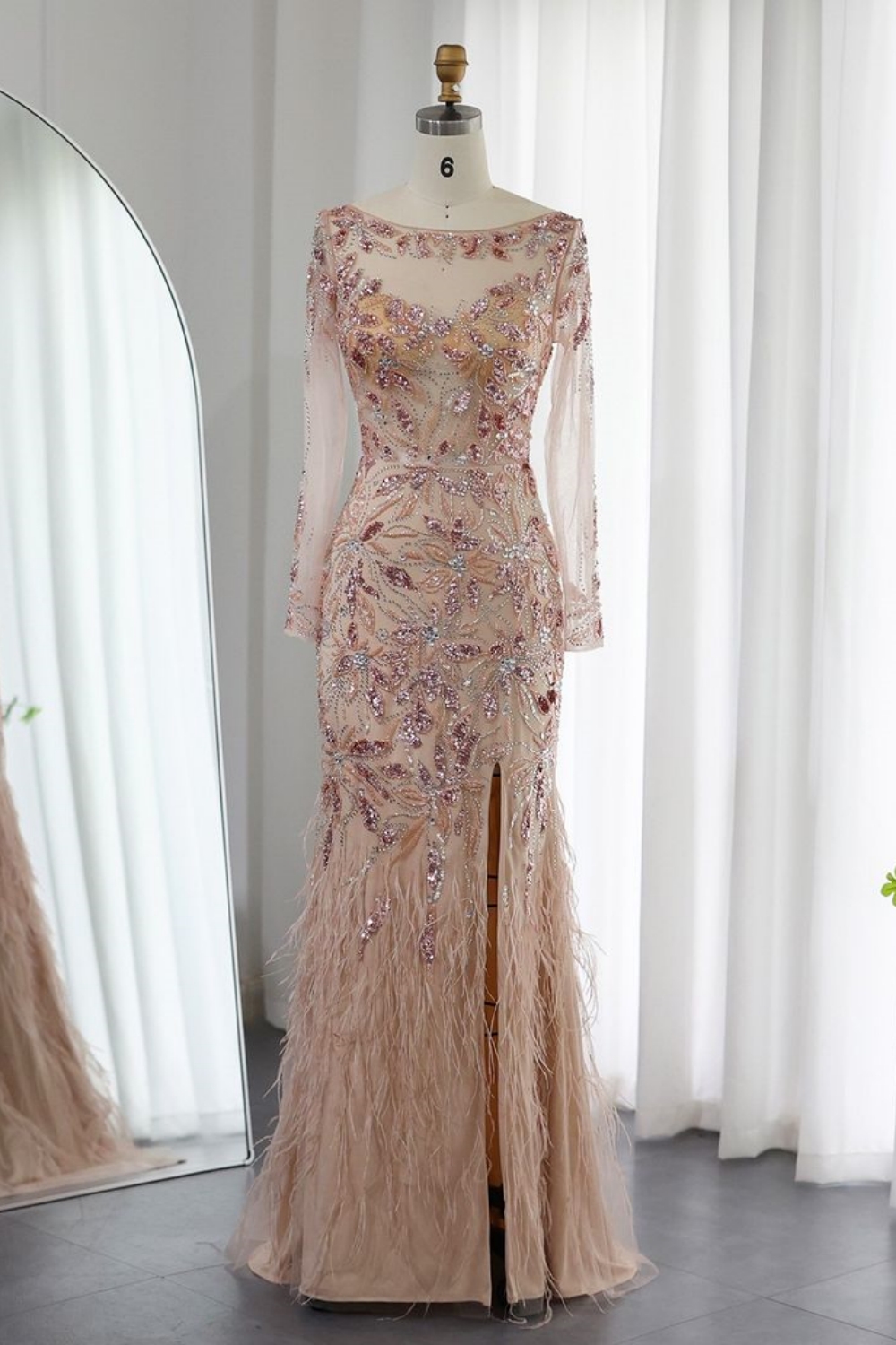 Bmbridal Dusty Rose A-Line Long Sleeves Bateau Tulle Prom Dresses with Appliques