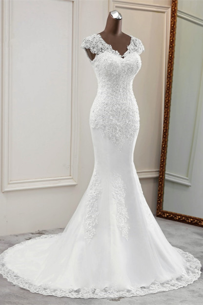 BMbridal Luxury V-Neck Sleeveless White Lace Mermaid Wedding Dresses with Appliques