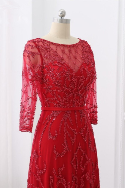 BMbridal Glamorous Red Tulle Jewel Appliques Prom Dresses Long Sleeves with Rhinestones On Sale