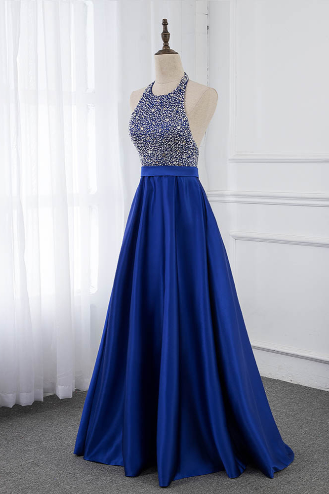 BMbridal Gorgeous Satin Halter Ruffle Backless Prom Dresses with Beadings Top