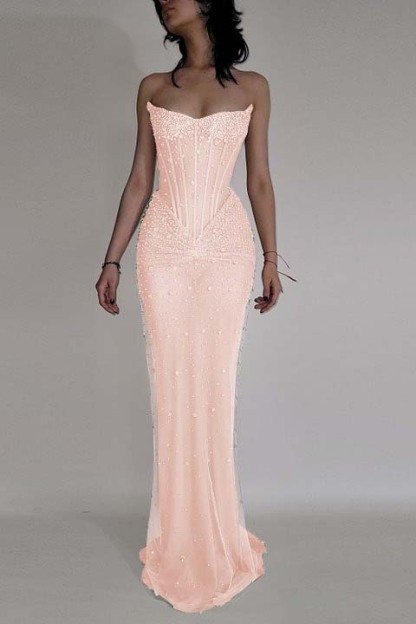 Strapless Sleeveless Mermaid Long Prom Dress With Beading Tulle