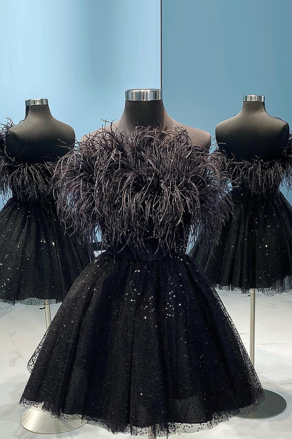 Black A-Line Strapless Homecoming Dress with Feathers-BMbridal