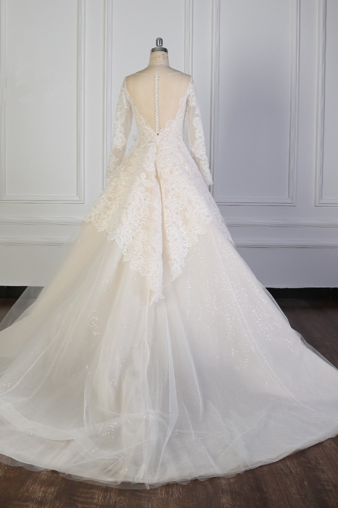 BMbridal Exquisite Lace Appliques Wedding Dress Tulle Long Sleeves Sequined Bridal Gown On Sale-BMbridal