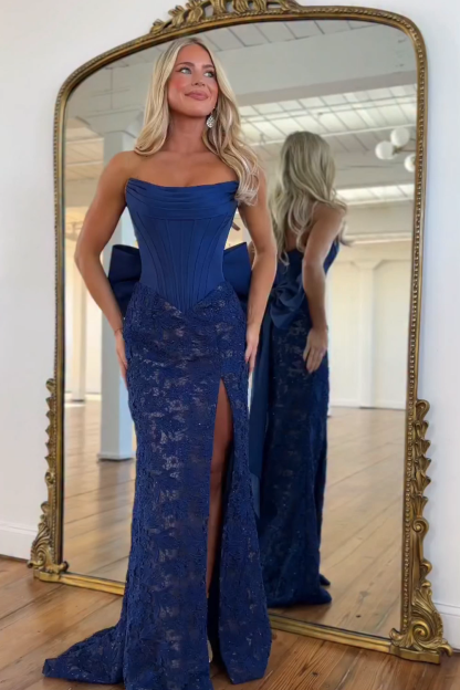 Red Lace Mermaid Strapless Long Corset Prom Dress with Bow