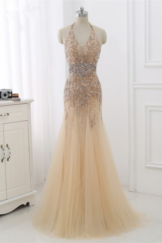 BMbridal Elegant Tulle Halter Rhinestones Mermaid Prom Dresses Sleeveless Appliques Online
