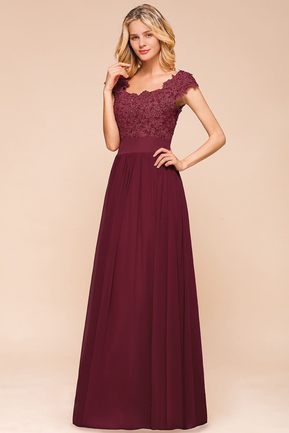 BMbridal Elegant Long Chiffon Prom Dress With Lace Appliques On Sale