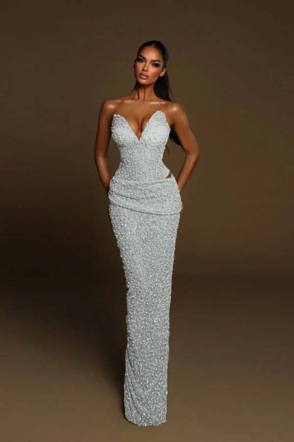 Strapless Sleeveless Long Mermaid Prom Dress With Pleated Beading