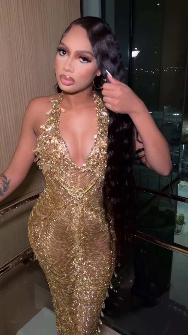 The 24K Gold Barbie - 2026 Luxury Gold Crystal Chain Illusion Mermaid Gown: Plunging V-Neckline with Gold Chain Draping, Sheer Bodice & Open Back