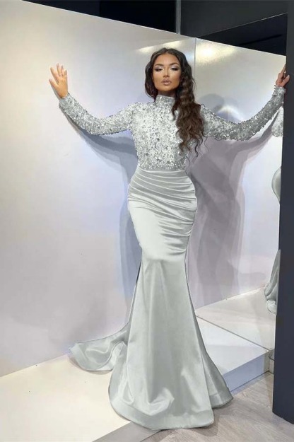 Classic Red Long Mermaid Prom Dress Pleated With Long Sleeves