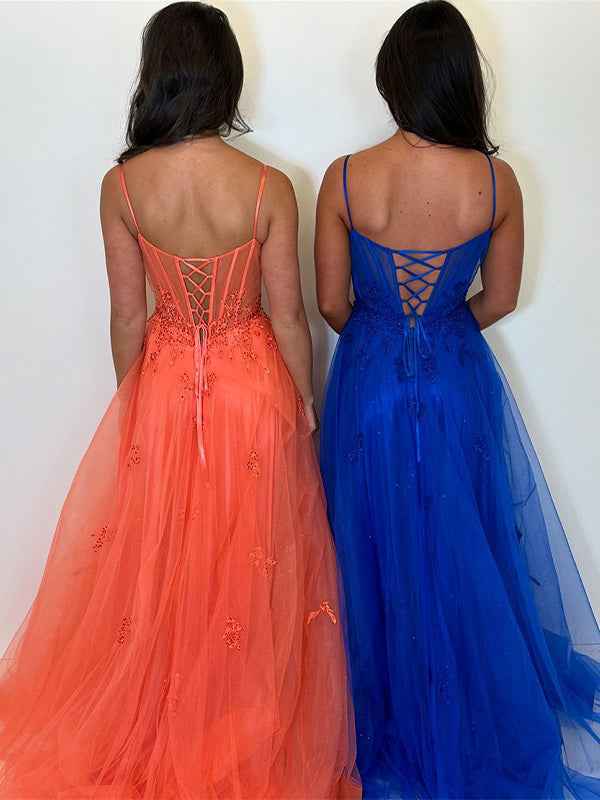 Royal Blue Spaghetti Straps A-Line Tulle Prom Dress with Appliques