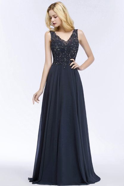 BMbridal A-line V-neck Sleeveless Long Appliqued Chiffon Prom Dress with Crystals
