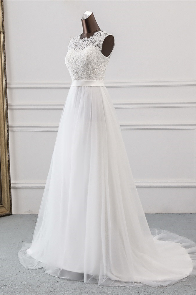 BMbridal Elegant Tullace Jewel Sleeveless White Wedding Dresses with Appliques Online