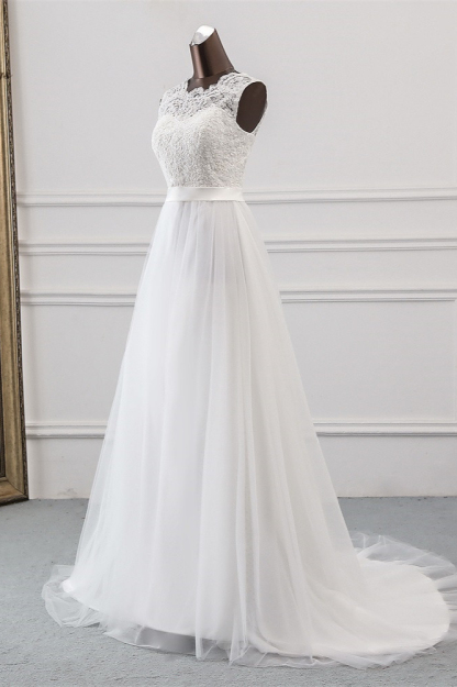 BMbridal Elegant Tullace Jewel Sleeveless White Wedding Dresses with Appliques Online