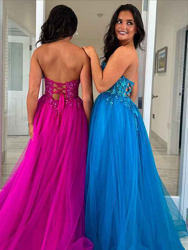 Royal Blue Strapless A-Line Tulle Long Prom Dress with Appliques