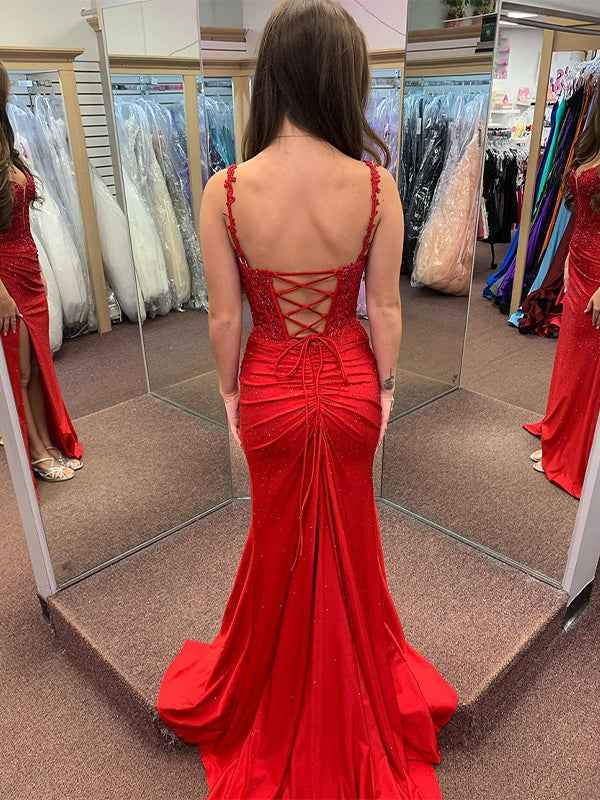 Red Mermaid Spaghetti Straps Beaded Applique Long Prom Dress with Slit