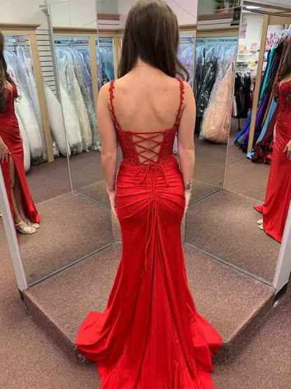 Red Mermaid Spaghetti Straps Beaded Applique Long Prom Dress with Slit
