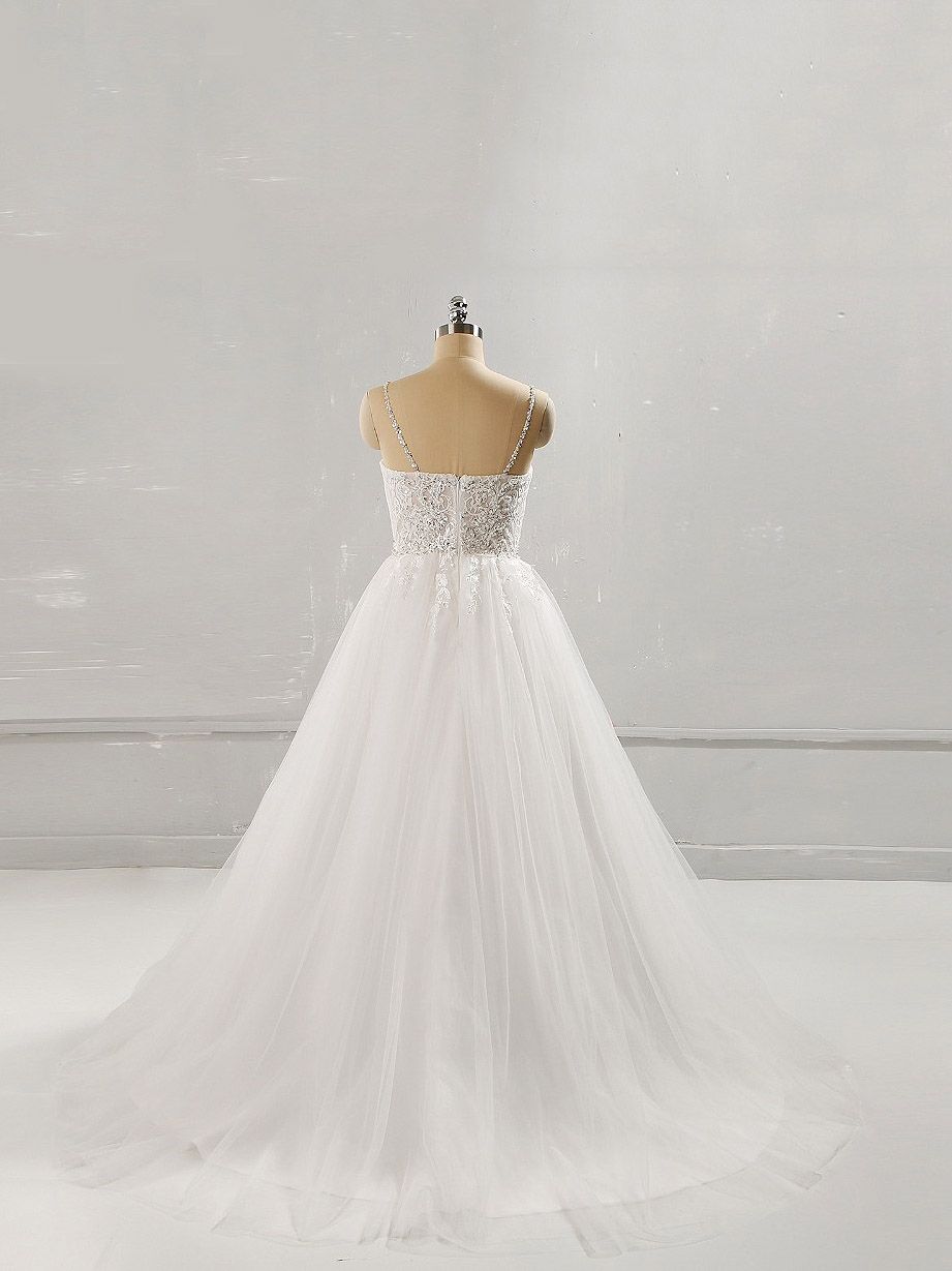 BMbridal Gorgeous Sweetheart Lace Top White Long Wedding Dress Spaghetti Straps Sleeveless Bridal Gowns On Sale-BMbridal
