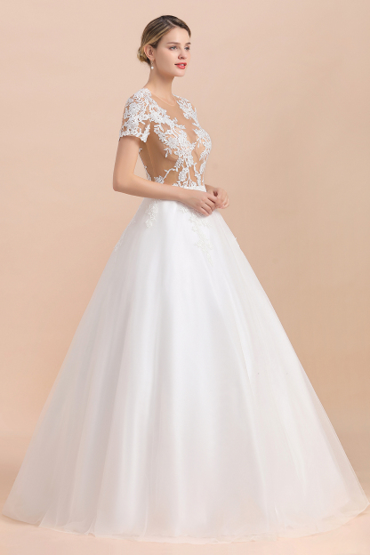 BMbridal Sexy See Through Tulle Appliques Short Sleeves Wedding Dress