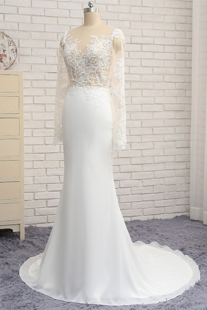 BMbridal Chic Jewel White Chiffon Lace Wedding Dress Long Sleeves Applqiues Bridal Gowns On Sale