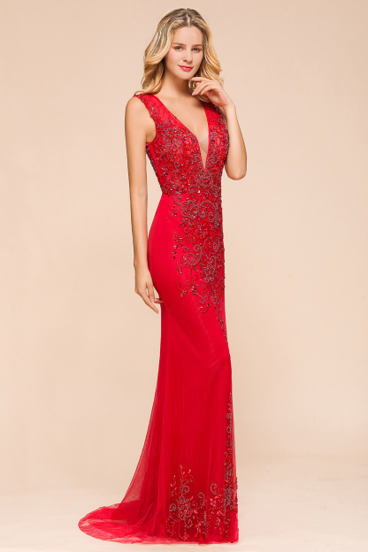 BMbridal Detachable Red V-Neck Long Prom Dress Sleeveless Beadings Tulle Evening Gowns