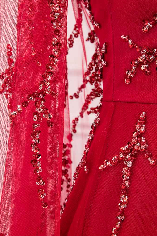BMbridal Gorgeous Tulle Jewel Ruffle Burgundy Prom Dresses with Beadings Online