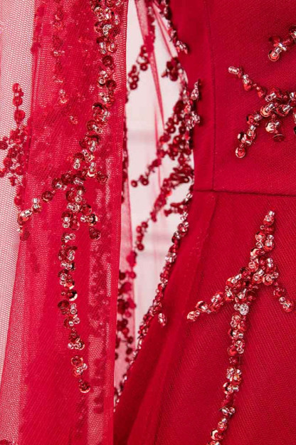 BMbridal Gorgeous Tulle Jewel Ruffle Burgundy Prom Dresses with Beadings Online